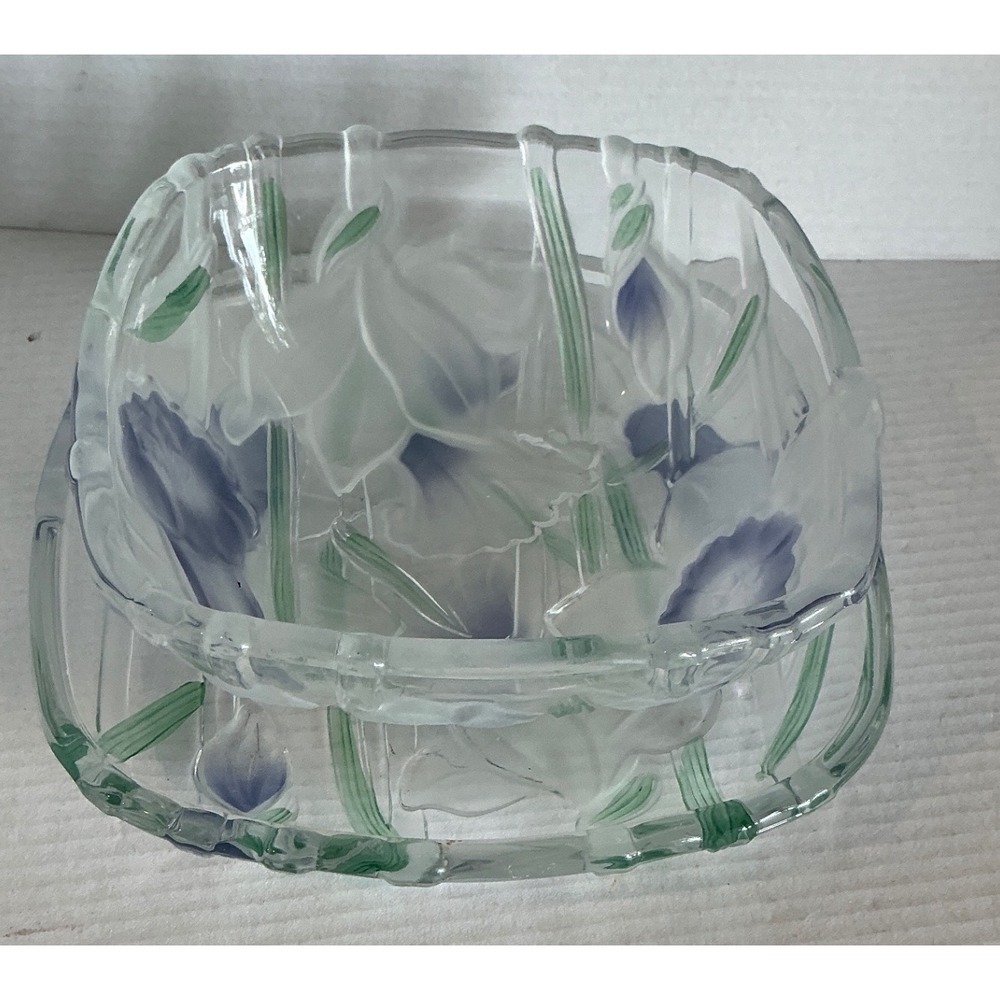 Frosted Glass Purple Floral Serving Bowl and Plate Set Botanical 7in